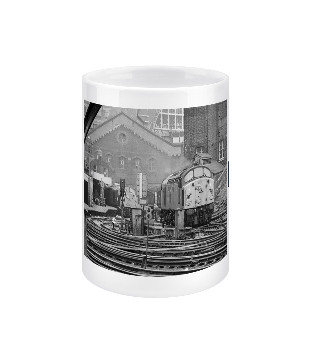 Eastern Memories 15oz white ceramic mug, front: Peter Collins's photograph of two Class 40s at King's Cross loco stabling point.