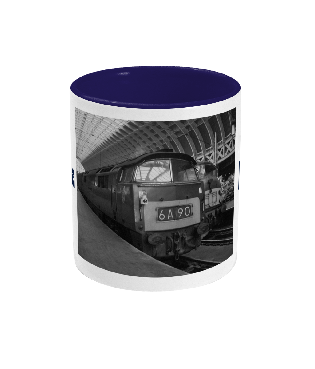 Western Memories 11oz two-toned mug, front: Peter Collins's black-and-white photograph of a Class 52 Western at the Paddington buffer stops in 1964, cobalt blue inside.