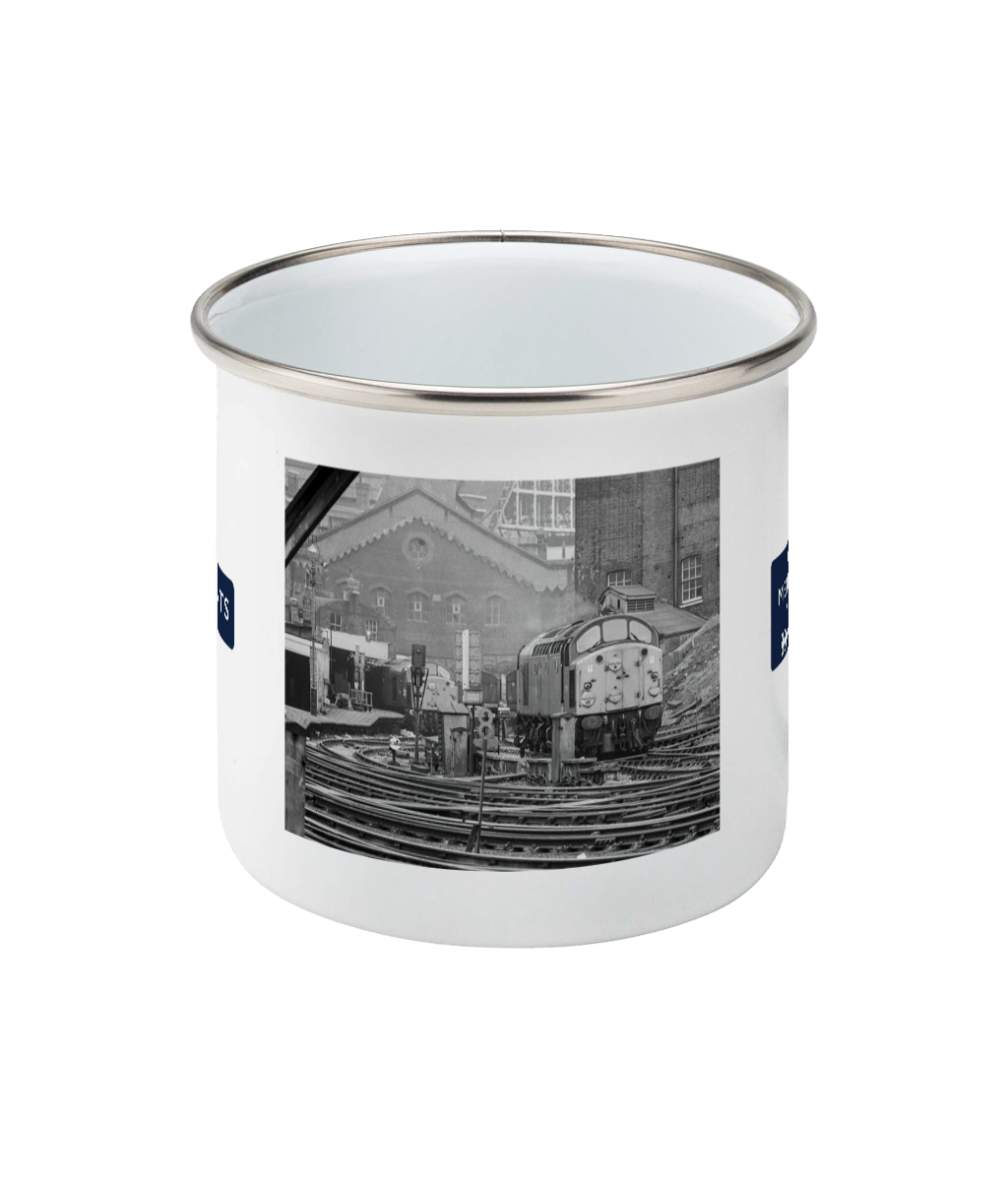 Eastern Memories 11oz enamel mug with silver rim, front: Peter Collins's photograph of two Class 40s at King's Cross loco stabling point.