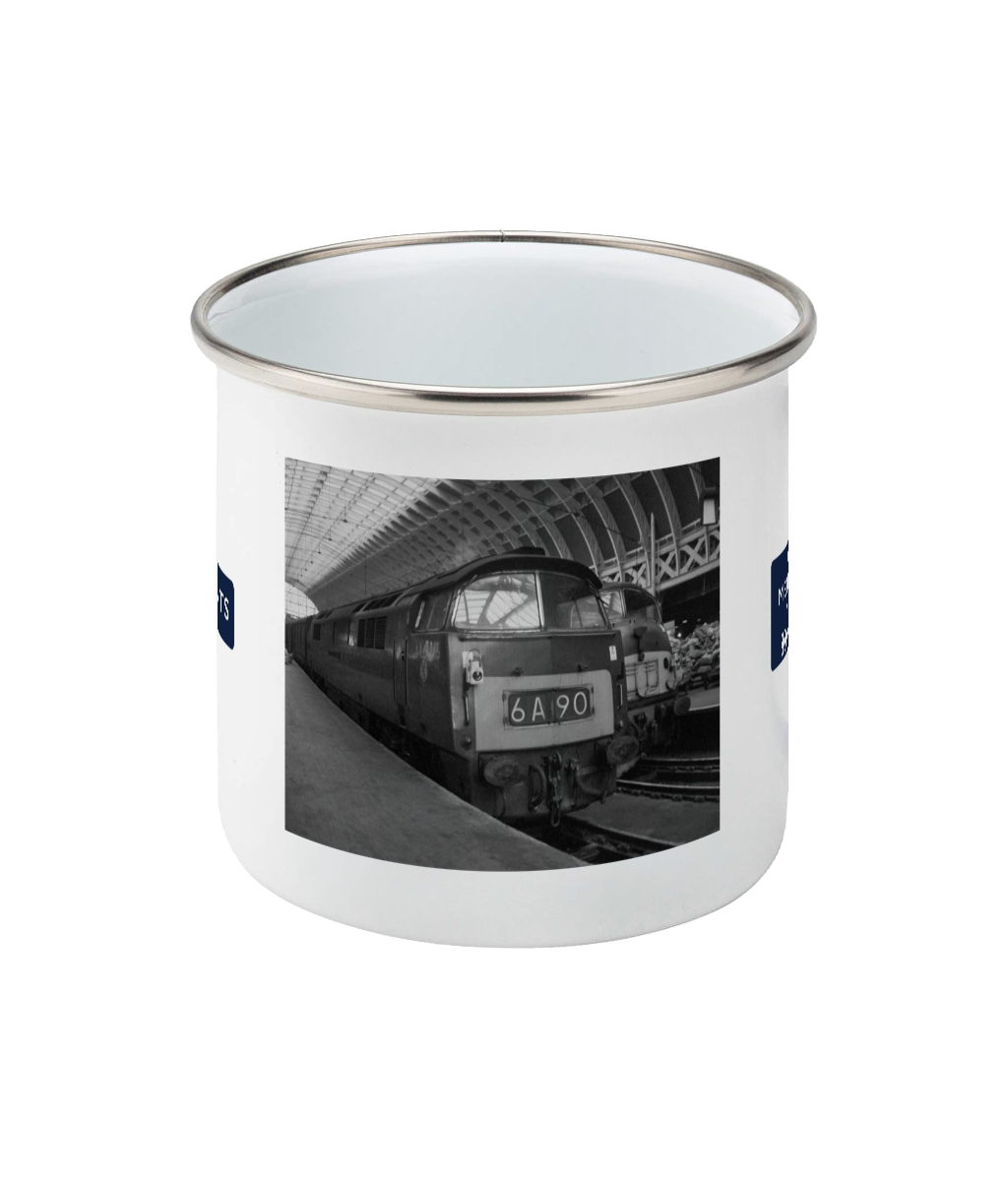 Western Memories 11oz enamel mug with silver rim, front: Peter Collins's photograph of a Class 52 Western at the Paddington buffer stops in 1964.
