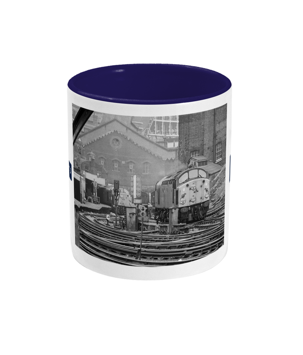 Eastern Memories 11oz two-toned mug, front: Peter Collins's black-and-white photograph of two Class 40s at King's Cross loco stabling point, cobalt blue inside.