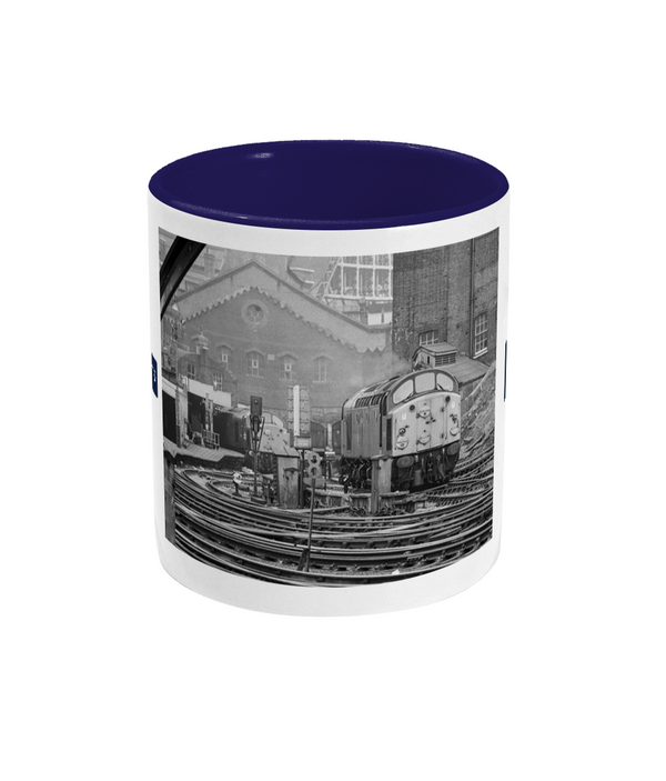 Eastern Memories 11oz two-toned mug, front: Peter Collins's black-and-white photograph of two Class 40s at King's Cross loco stabling point, cobalt blue inside.