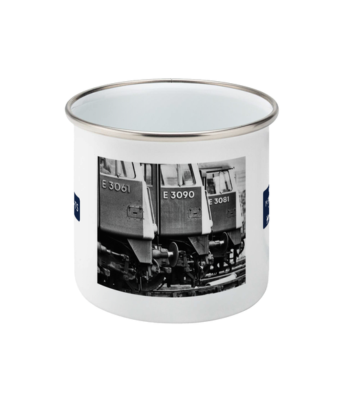 Midland Memories 11oz enamel mug with silver rim, front: Peter Collins's photograph of three Class 85s, E3061 nearest, at Crewe in 1972.