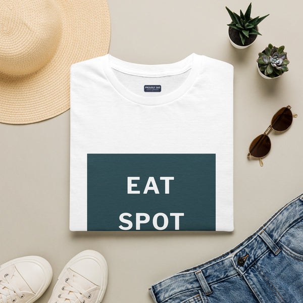 The white Eat, Spot, Sleep, Repeat T-shirt folded flat, the phrase in white on a dark green panel