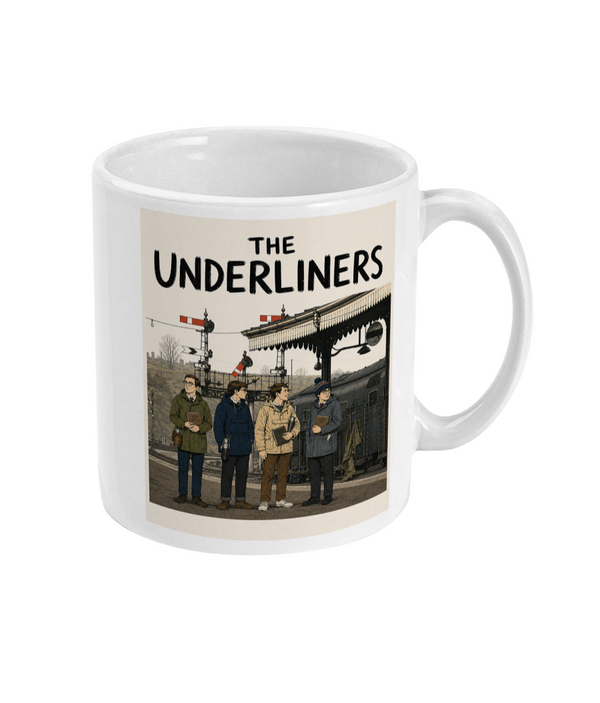 White 11oz mug, front: The Underliners illustration of four young trainspotters on a station platform beside semaphore signals