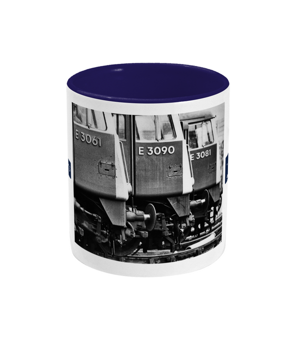 Midland Memories 11oz two-toned mug, front: Peter Collins's black-and-white photograph of three Class 85s, E3061 nearest, at Crewe in 1972, cobalt blue inside.