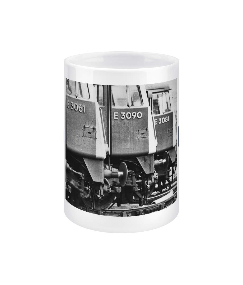 Midland Memories 15oz white ceramic mug, front: Peter Collins's photograph of three Class 85s, E3061 nearest, at Crewe in 1972.