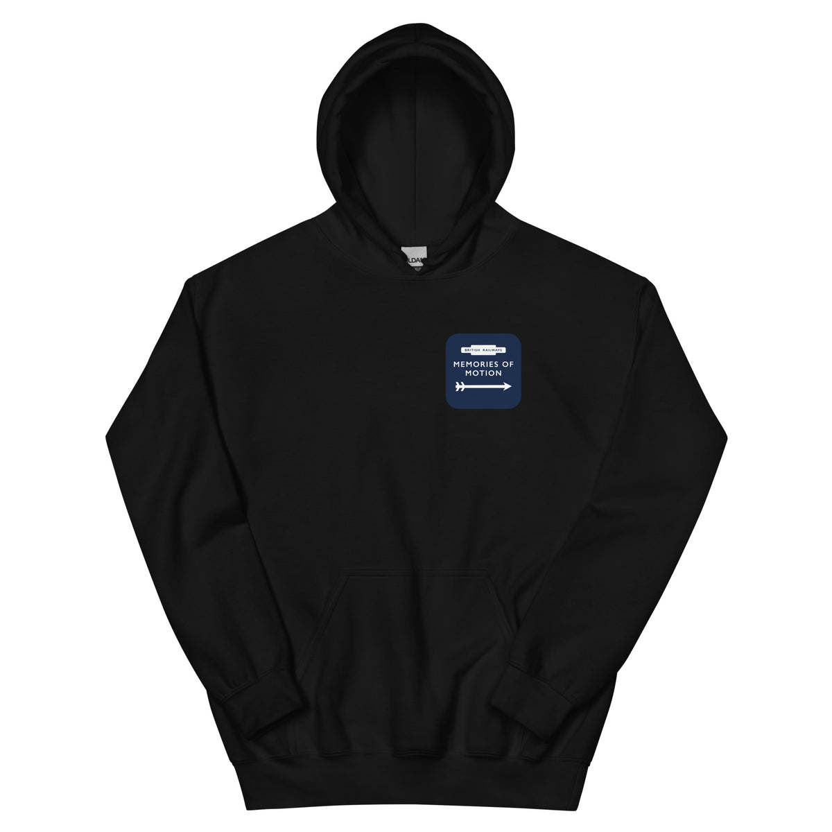 Black hoodie, front: small Memories of Motion badge in British Railways totem style on the chest
