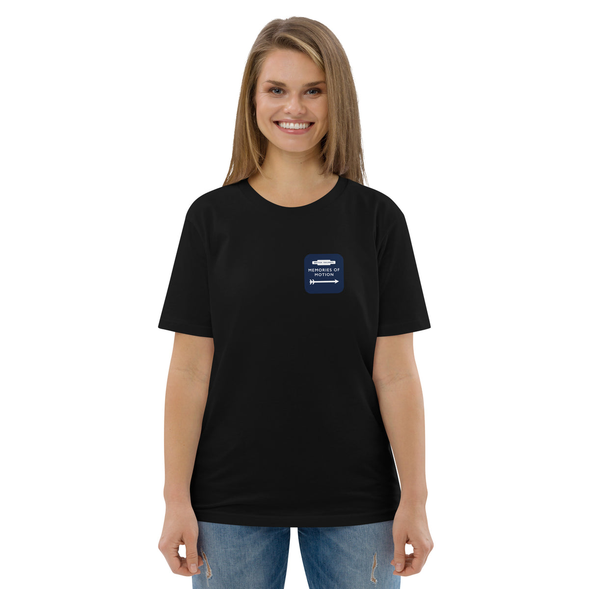 Black organic cotton T-shirt, worn by a model, front: small Memories of Motion badge in British Railways totem style on the chest