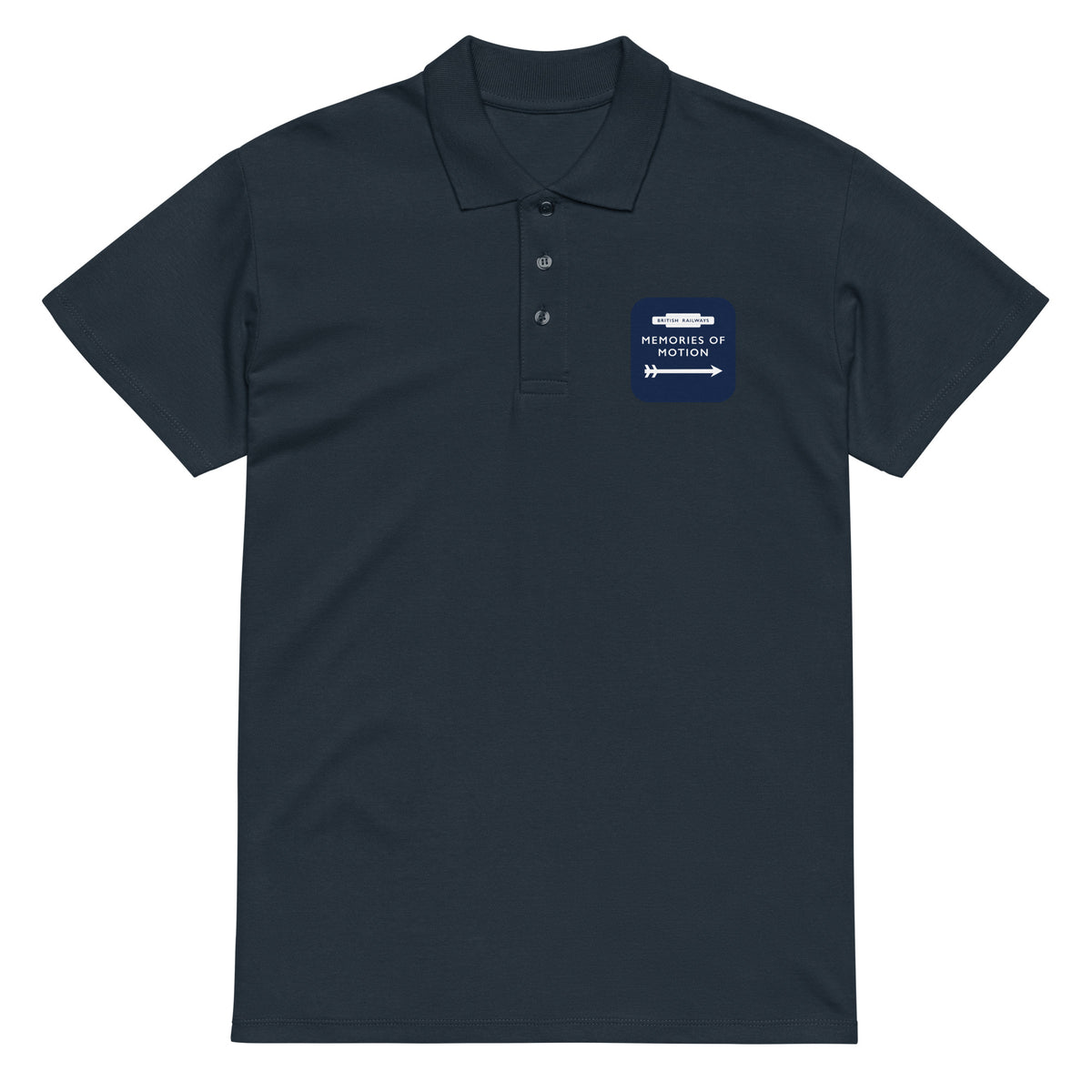 Navy piqué polo shirt, laid flat, front: small Memories of Motion badge in British Railways totem style on the chest